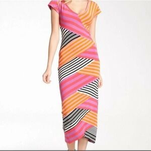Nicole Miller Artelier Women's Sz 4 Pink & Orange Striped Jersey Knit Maxi Dress
